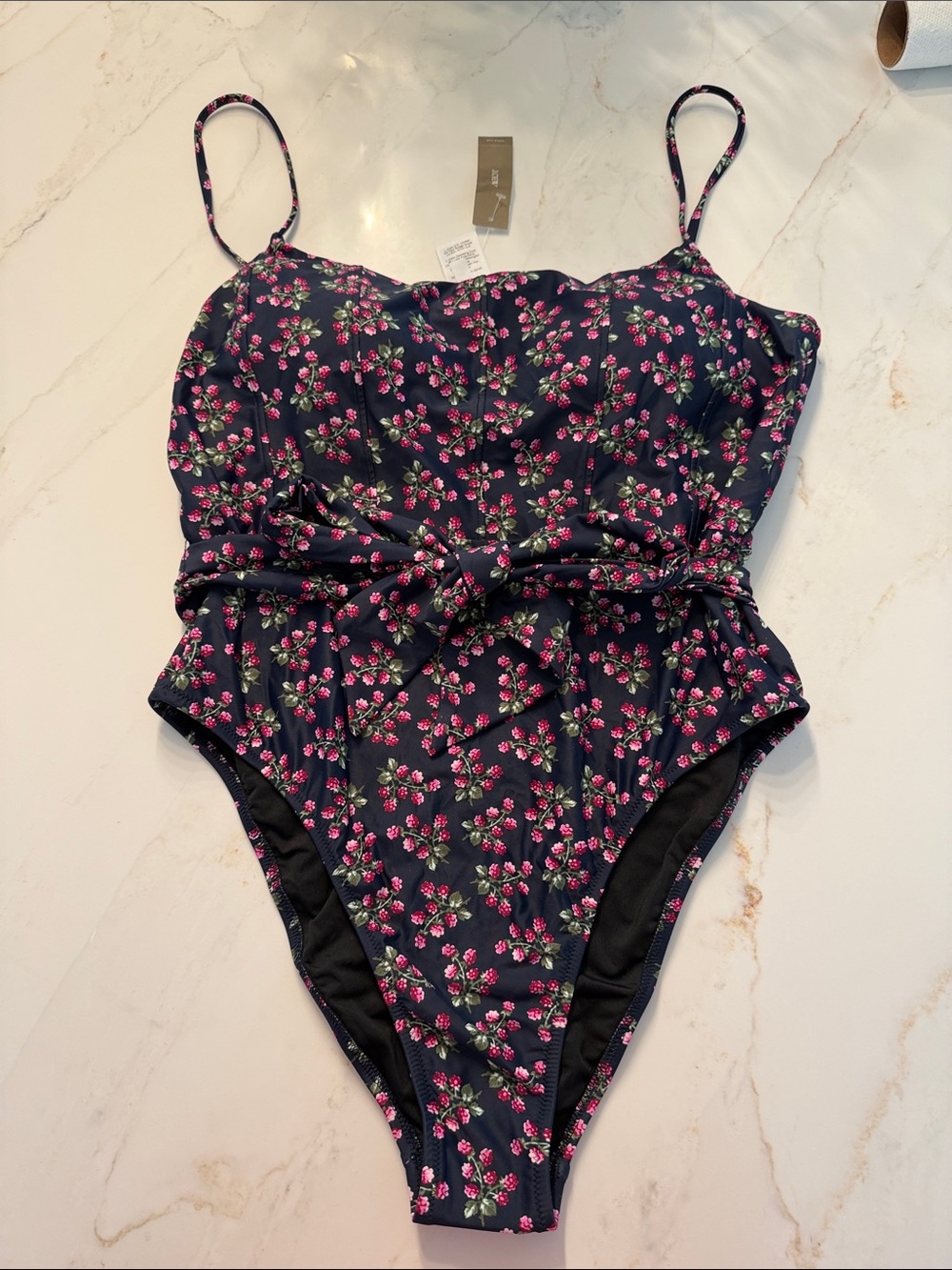 NWT J. Crew Navy Floral One-Piece Swimsuit with Tie Waist